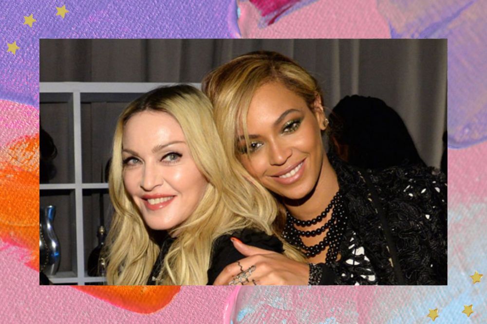 Foto de Beyoncé e Madonna. Fundo com tons de laranja, lilás e rosa.