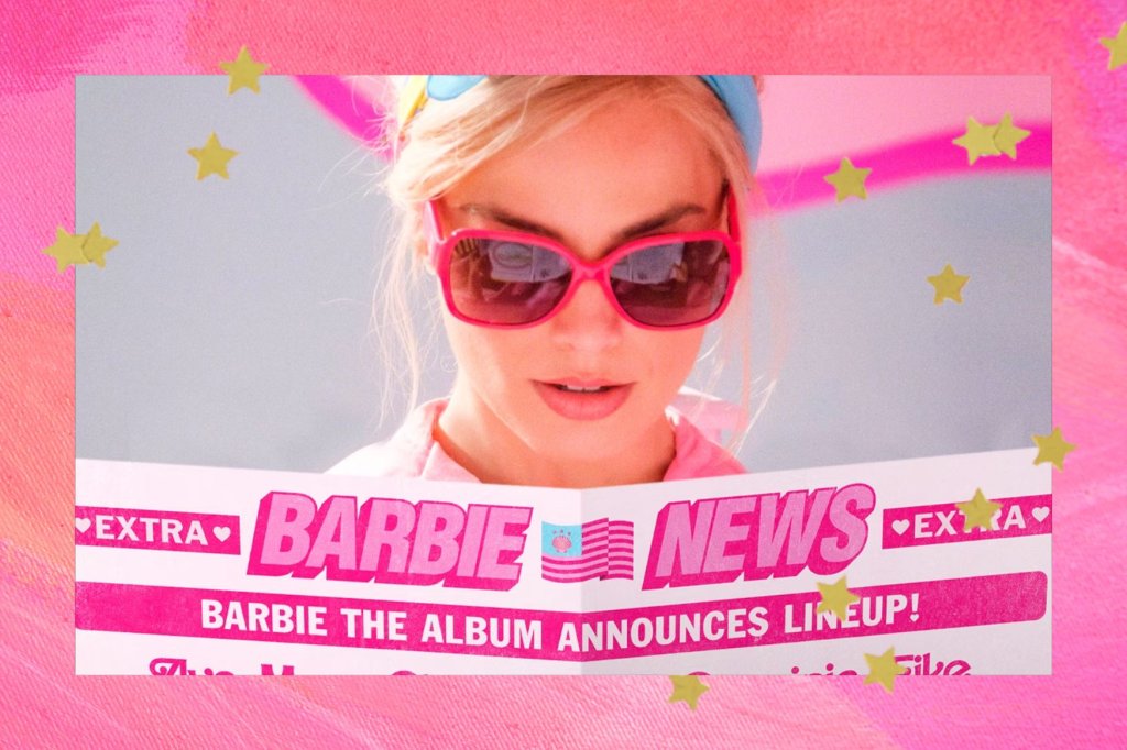 Imagem de divulgação da trilha sonora de Barbie. Fundo rosa com estrelas douradas.