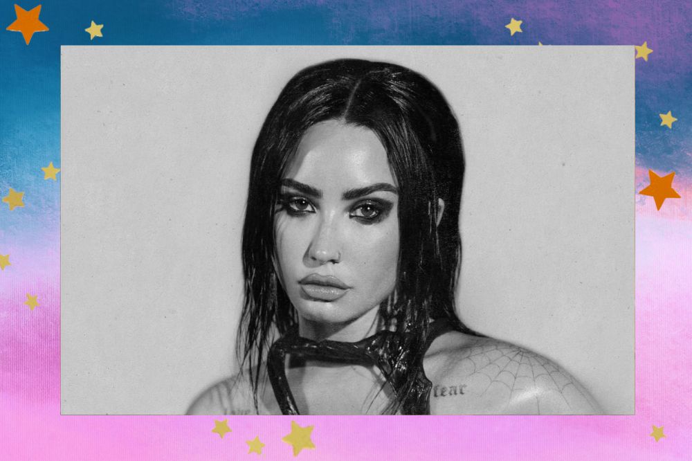 Demi Lovato na capa de Sorry Not Sorry Rock Version. Fundo com tons de azul e lilás com estrelas douradas.