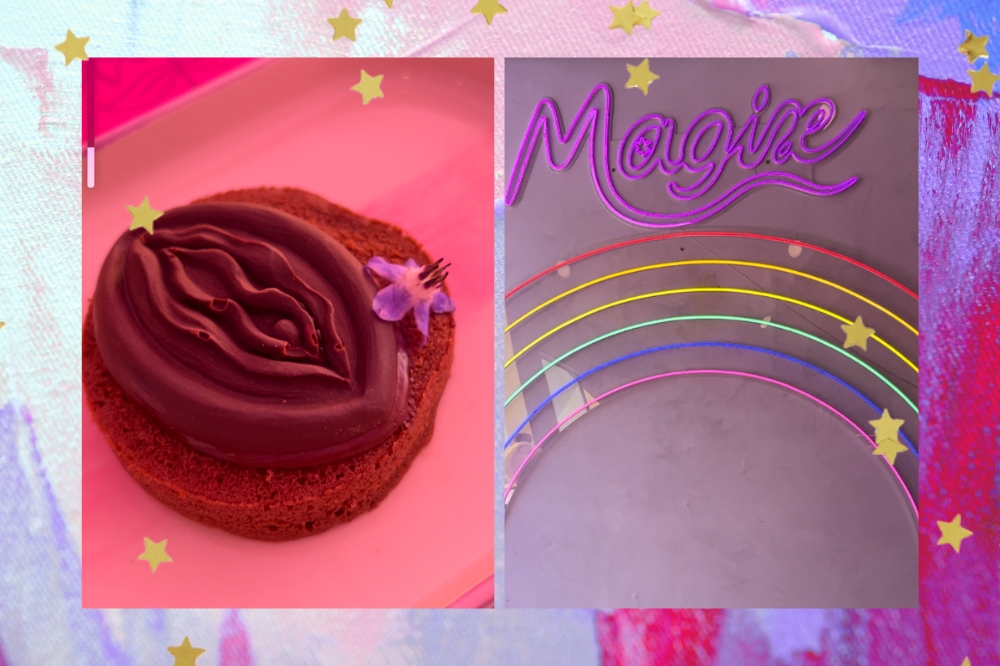 Colagem de duas fotos. Na esquerda, uma foto de um chocolate em formato de vulva e na direita, uma parede roxa com arco-íris e um letreiro escrito “magix”