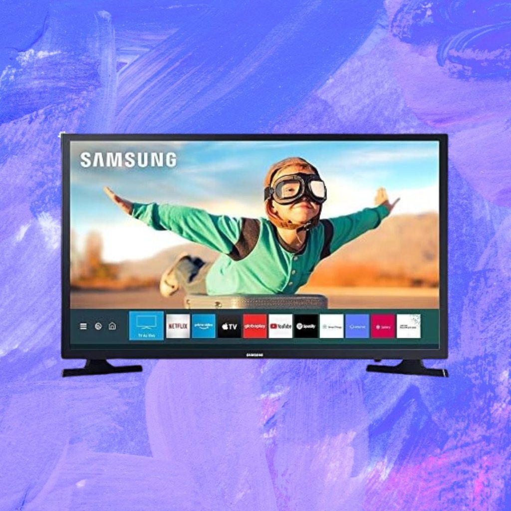 A imagem de uma televisão Smart TV. Fundo com tons de azul e lilás.