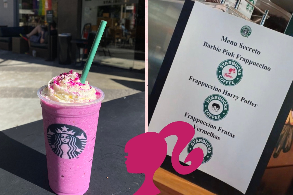 montagem de duas fotos com um frapuccino (bebida do starbucks) na coloração rosa ao lado do menu secreto da cafeteria