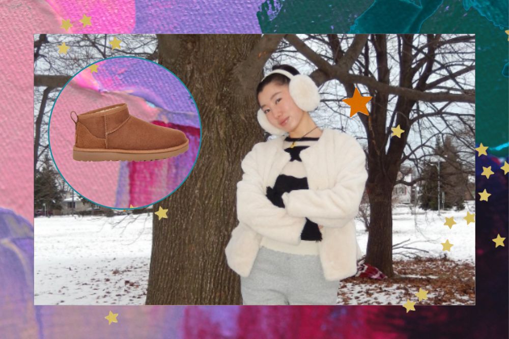 Montagem com fundo nas cores verde, rosa e lilás. Na frente uma mulher na neve com casaco branco. No canto há a imagem da bota ugg em um círculo.