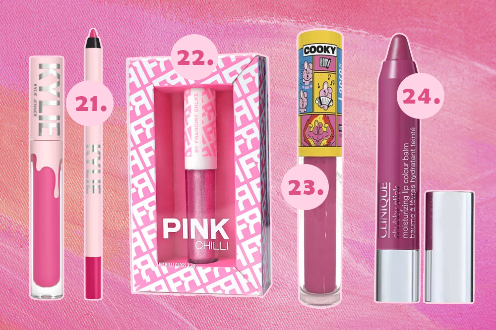 Produtos de beleza cor-de-rosa para criar visual Barbie. Montagem em fundo rosa