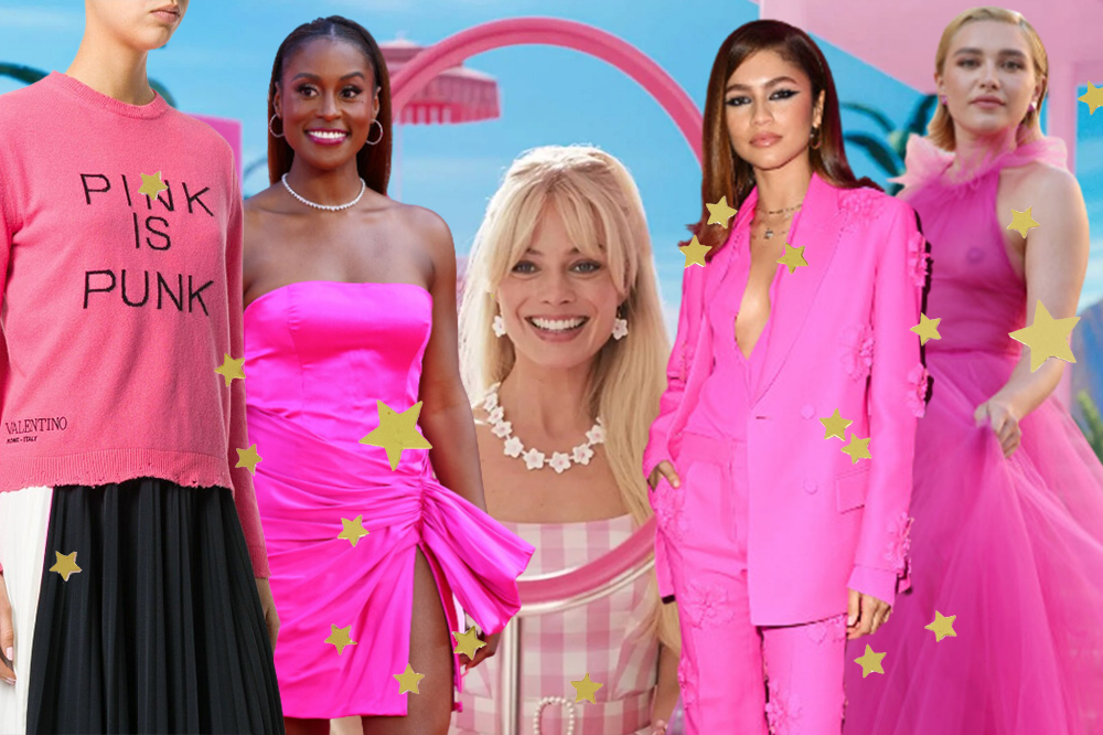 Montagem cor-de-rosa com foto de camiseta da Valentino 'Pink is Punk', Issa Rae, Margot Robbie como Barbie, Zendaya e Florence Pugh