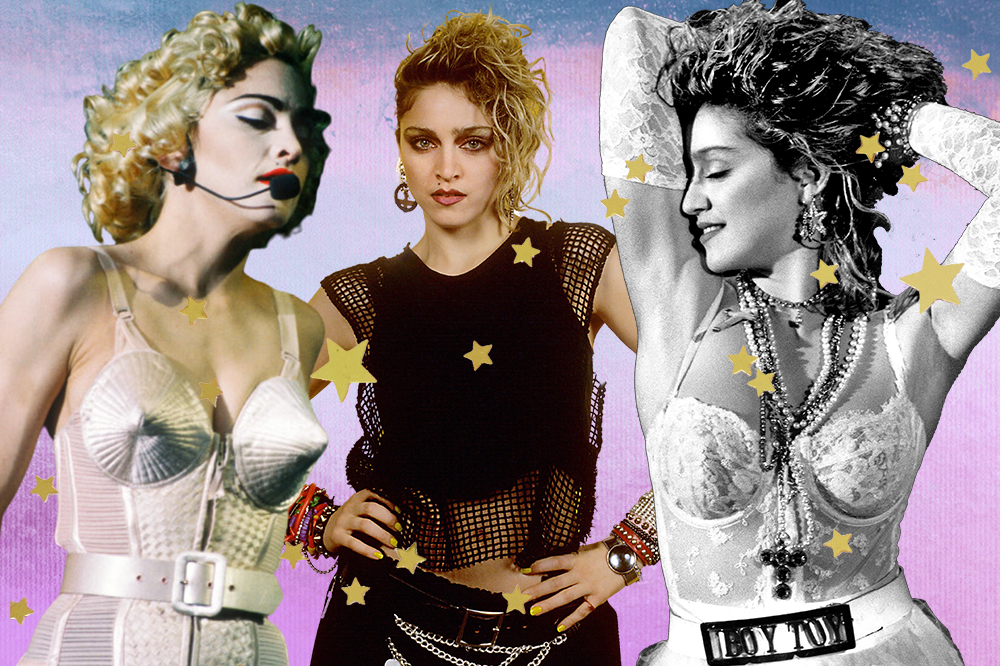 Montagem em fundo degradê azul e lilás com estrelinhas douradas e três fotos da Madonna nos anos 1980