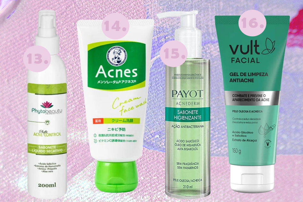 Sabonetes faciais para pele oleosa e acneica. Montagem em fundo rosa e lilás
