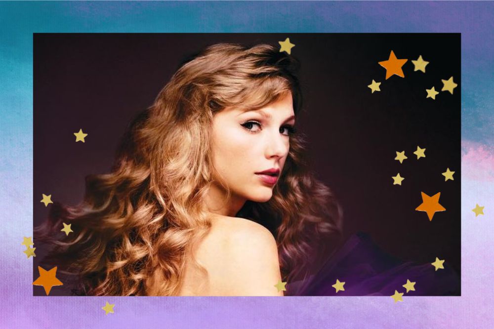 Montagem com fundo nas cores azul e lilás. Taylor Swift na capa olhando de perfil. Seu cabelo está solto e com cachos.
