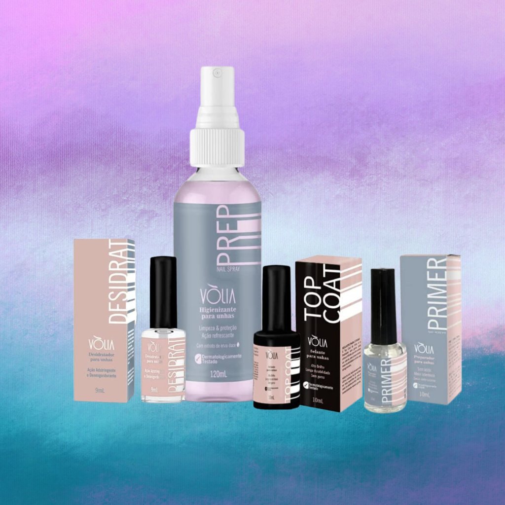 unhas (2) Kit com objetos para higienização e preparação para unhas em gel; o fundo é uma textura nas cores lilás, rosa, roxo e branco
