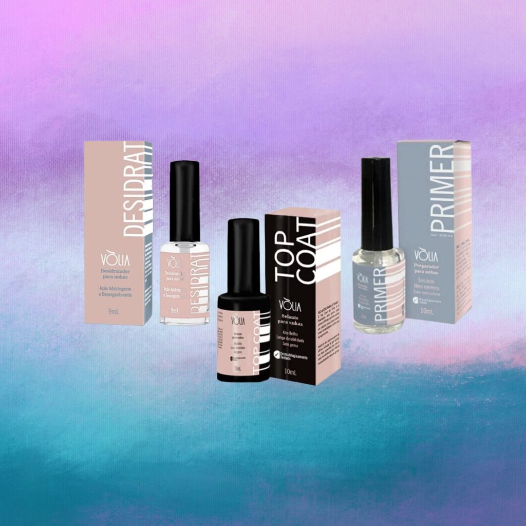 unhas (3) Kit com objetos de preparação e finalização para unhas em gel; o fundo é uma textura nas cores lilás, rosa, roxo e branco