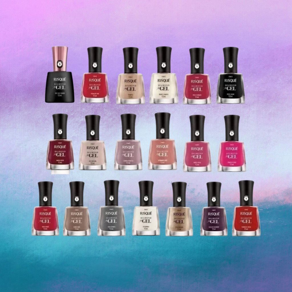 unhas (7) Kit com diferentes esmaltes com várias cores; o fundo é uma textura nas cores lilás, rosa, roxo e branco