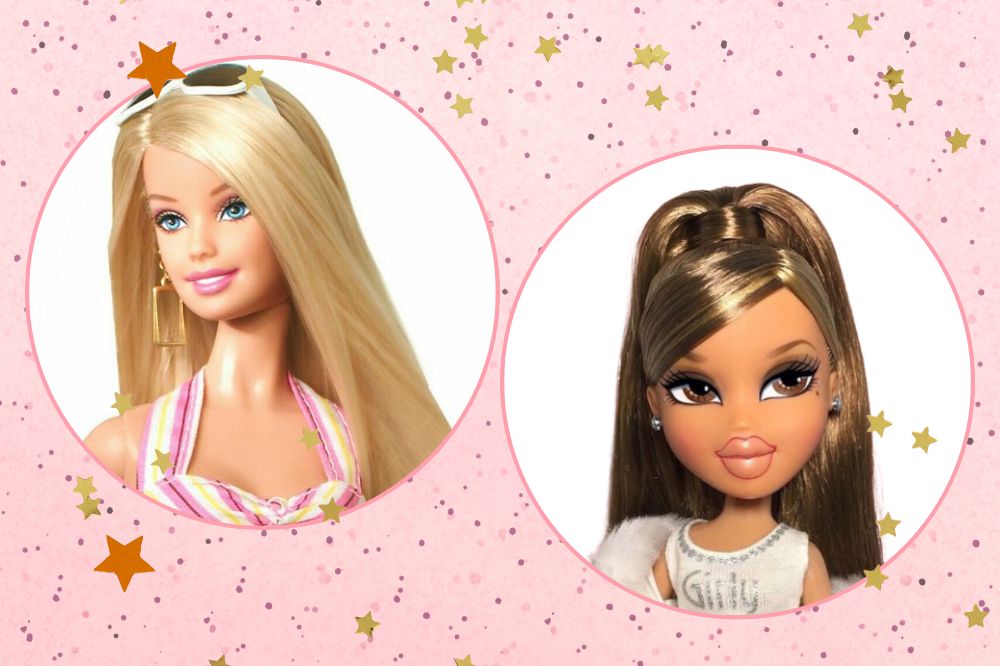 Montagem com fundo cor de rosa e duas imagens em círculo na frente. A primeira é da Barbie e a segunda da Bratz.