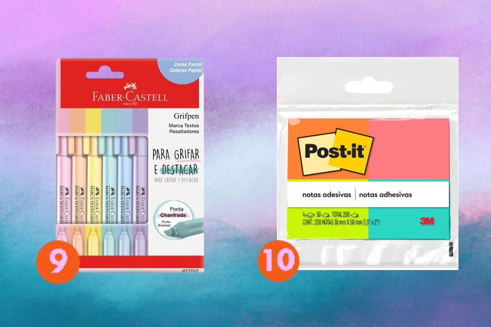 4 Em um fundo lilás e azul, tem um conjunto de canetas e um de post-it