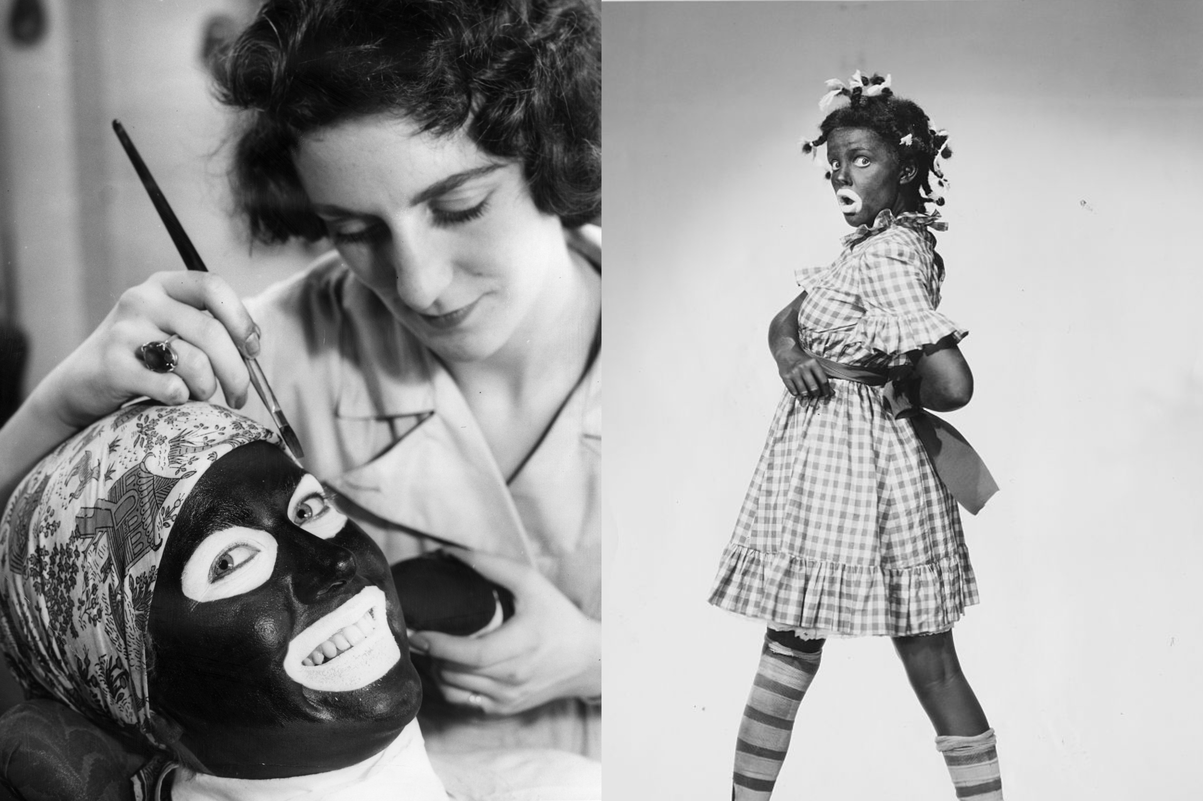 Registros históricos de artistas se maquiando e fazendo Blackface. À direita, temos a conhecida Judy Garland.