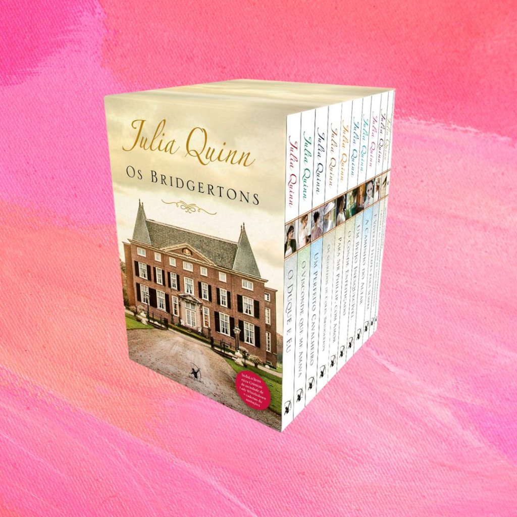 Imagem do box de livros da saga Os Bridgertons. Fundo rosa