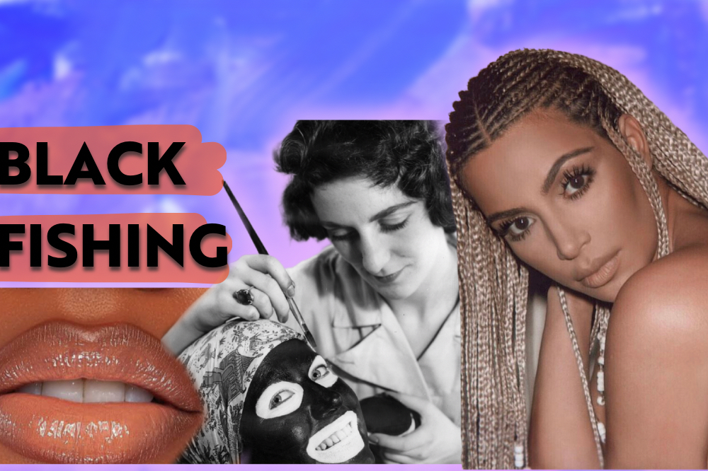 Colagem de fotos de ombre lips, uma imagem histórica de black face e uma imagem da Kim Kardashian de tranças