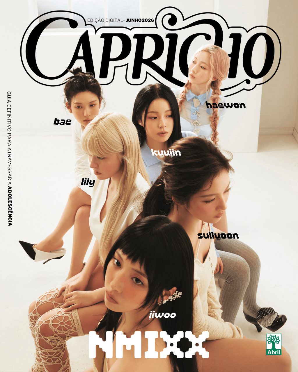 Capa da revista Capricho com as seis integrantes do grupo NMIXX. Jiwoo, em primeiro plano, olha para frente, com cabelo preto e franja. As outras cinco integrantes estão atrás dela, com diferentes penteados e roupas claras, olhando em diversas direções. O título CAPRICHO e NMIXX aparecem em destaque.