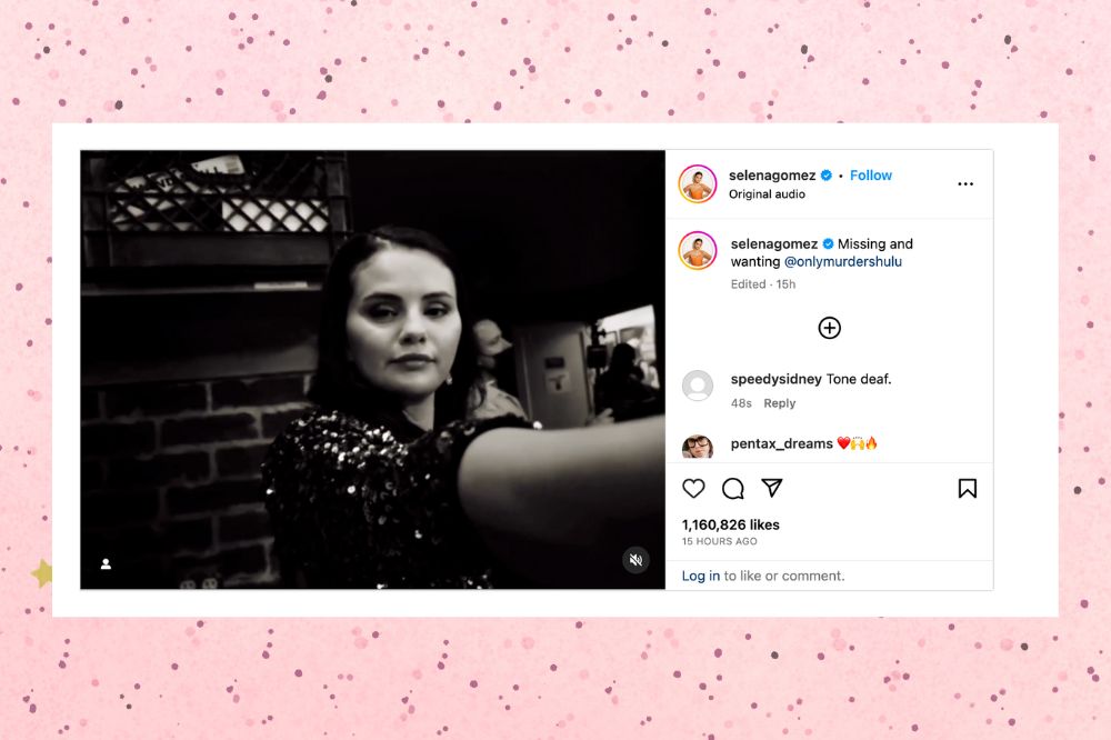 Print de post de Selena Gomez no Instagram. Fundo rosa.