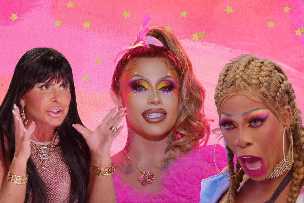 Frames de Gratchen, Grag Queen e Shannon Scarlett no teaser de Drag Race Brasil. Fundo rosa com estrelas douradas
