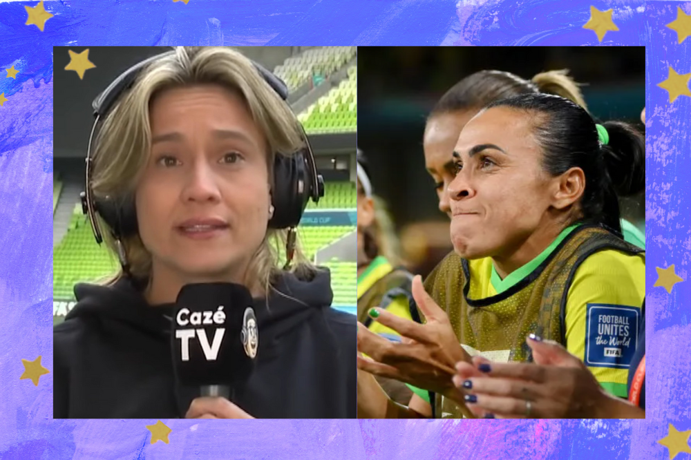 ao lado esquerdo, mulher , loira, segura microfone; do lado direito, mulher usa uniforme da seleção brasileira, verde e amarelo e bate palma