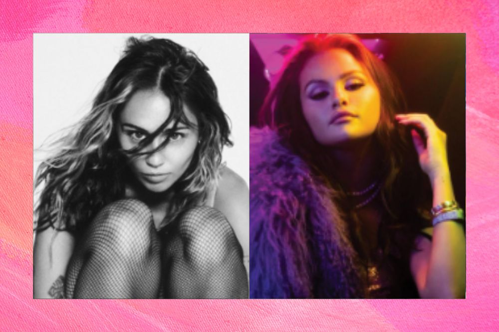 Fotos de Miley Cyrus e Selena Gomez. Fundo rosa.