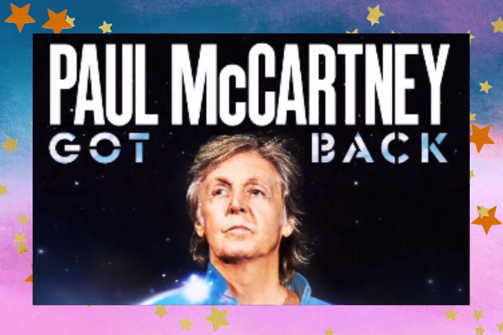 Foto promocional da Got Back Tour de Paul McCarteny . Fundo com tons de azul e lilás e estrelas douradas.