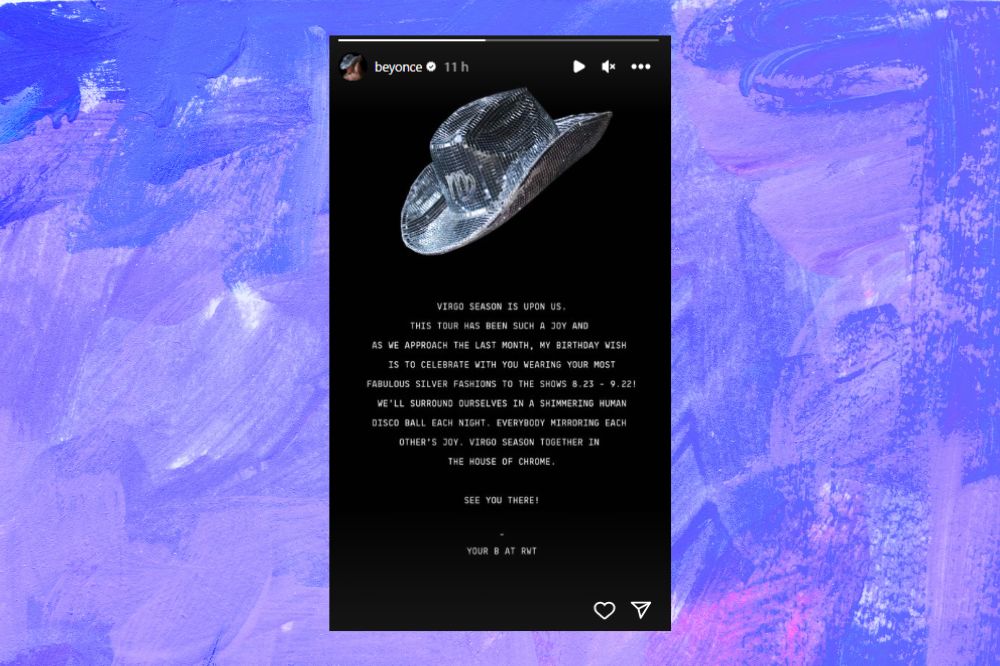 Story de Beyoncé Print do story de Beyoncé. Fundo lilás