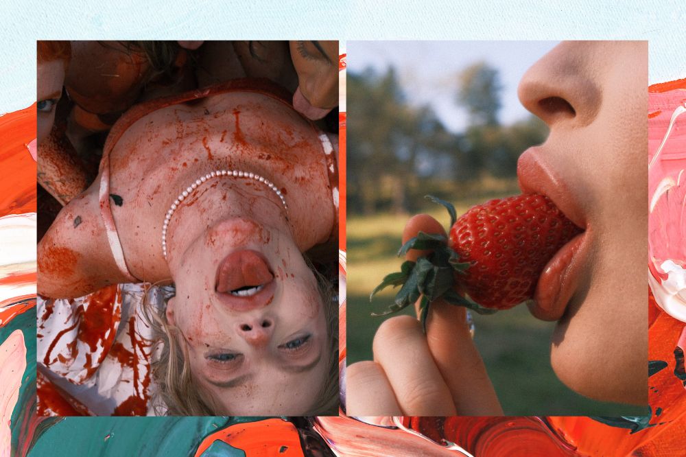 montagem de duas fotos. à direita, uma imagem da Luísa Sonza de cima, suja de calda de morango e mostrando a língua. Na imagem da esquerda é a foto de uma boca mordendo um morango