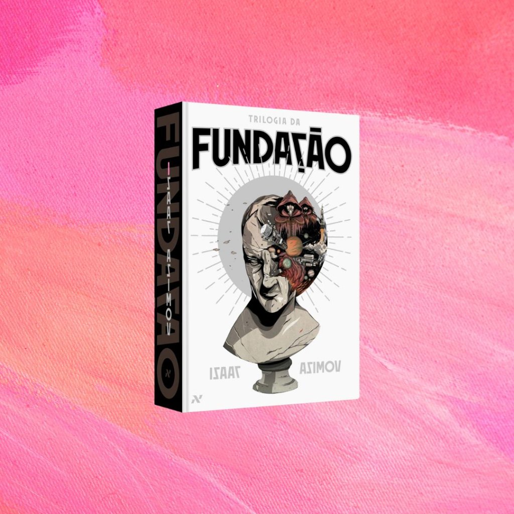 Imagem do box de livros da Trilogia da Fundação. Fundo rosa.