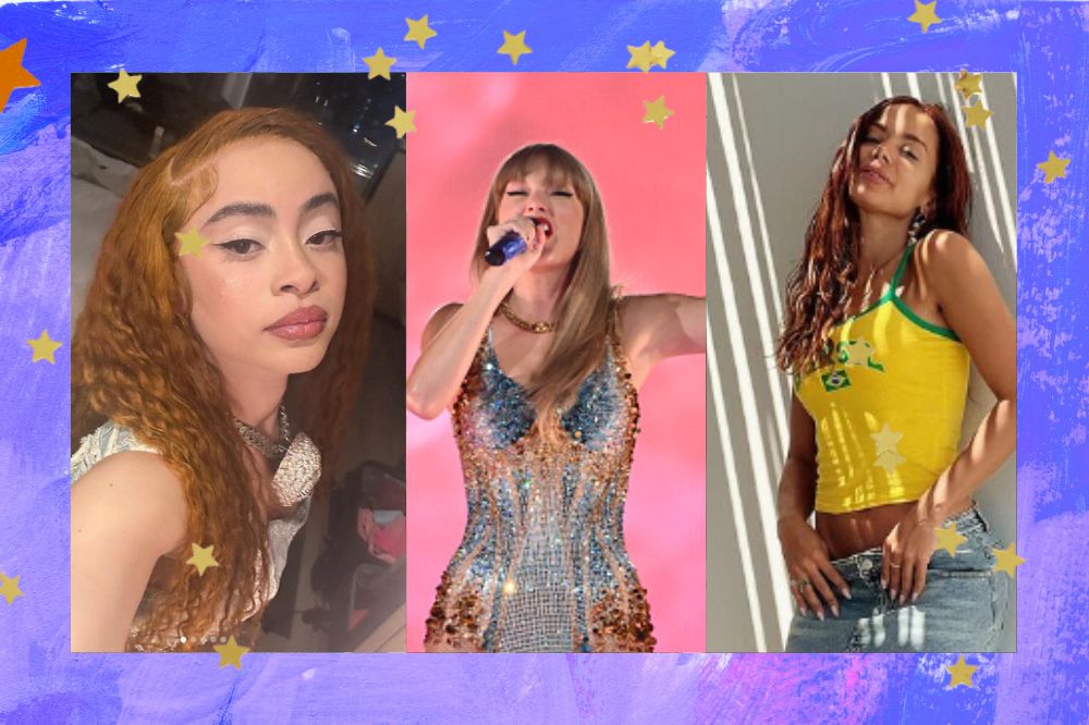 Fotos de Ice Spice, Taylor Swift, Anitta - Indicadas ao VMA 2023. Fundo lilás com estrelas douradas.