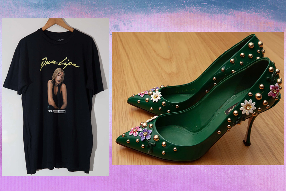 Camiseta da Dua Lipa e scarpin Dolce & Gabbana disponíveis no bazar beneficente da Maisa com a SP Invisível