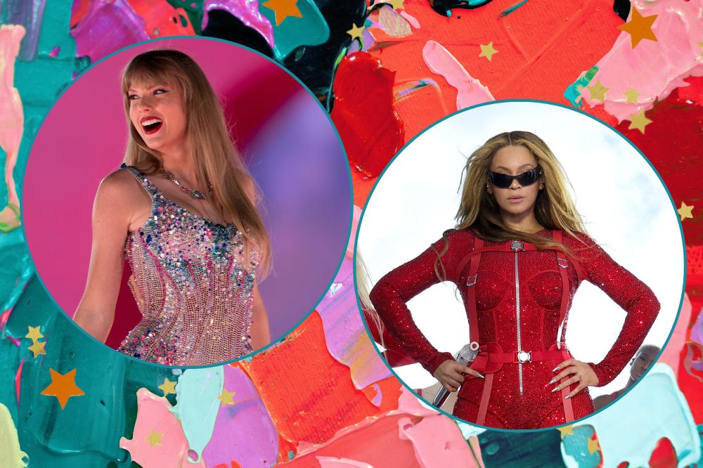 Montagem com fundo nas cores verde, rosa, lilás, vermelho e laranja. Duas imagens em círculo. Taylo Swift e Beyoncé, respectivamente.
