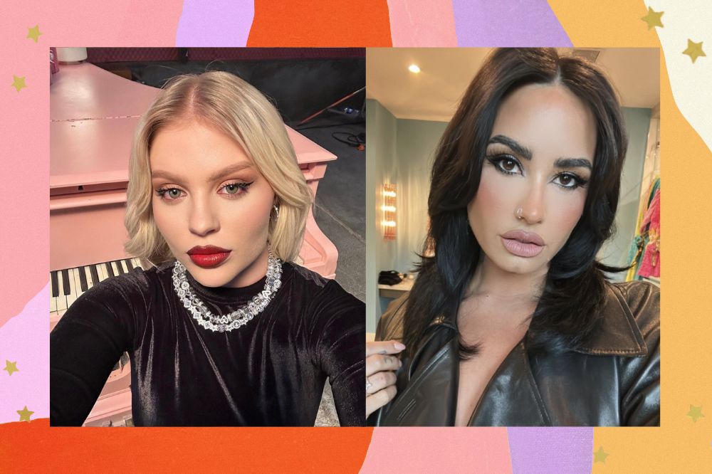 Selfies de Luísa Sonza e Demi Lovato posando com expressões neutras; a margem é uma textura nas cores rosa, lilás, laranja, roxo, amarelo e branco; estrelas amarelas decoram a imagem