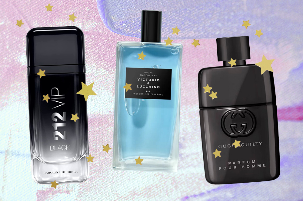 Perfumes para dar de presente no Dia dos Pais. Montagem em fundo lilás e azul claro