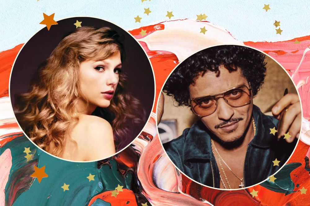 Montagem com fundo nas cores azul, verde, rosa e laranja. Duas imagens em formato de círculo. Taylor Swift e Bruno Mars.