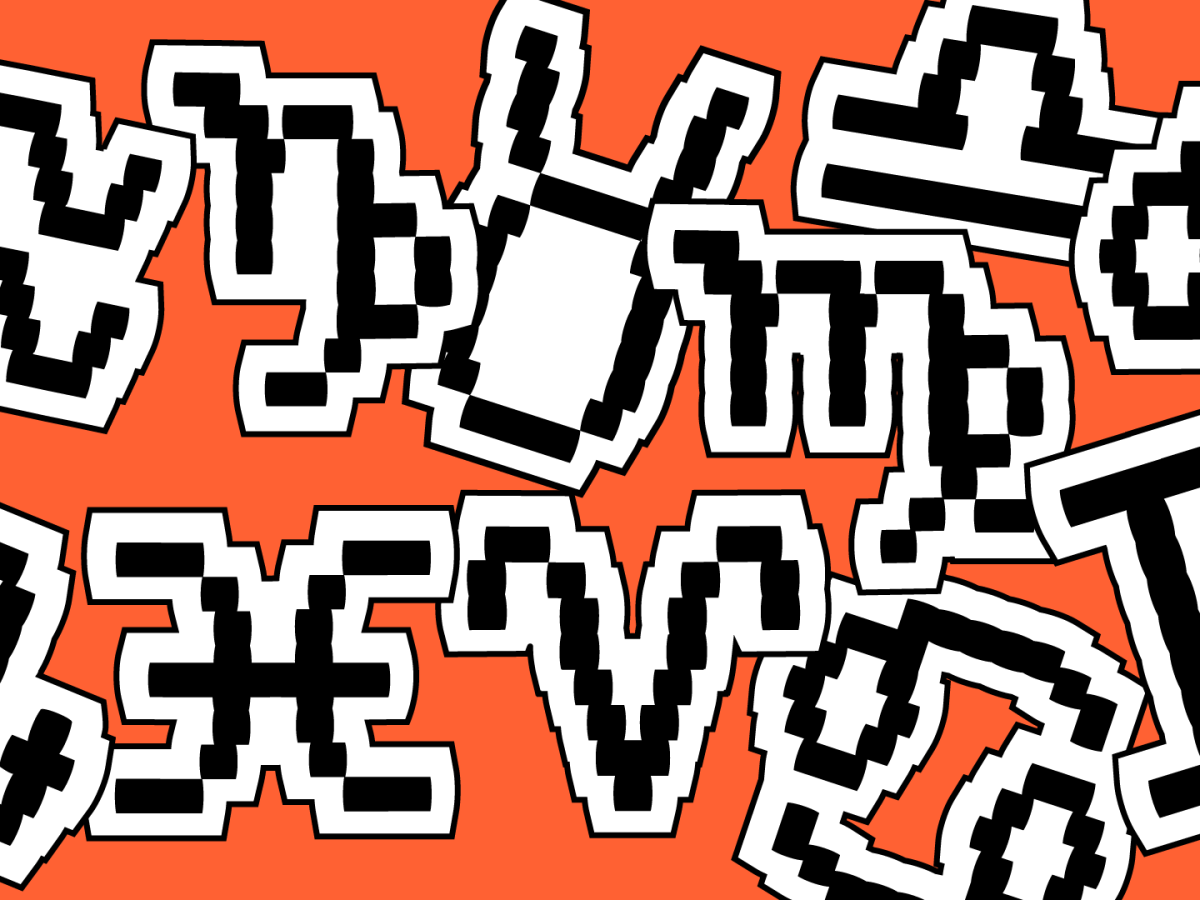 Imagem com fundo sólido no tom de laranja neon, com símbolos de todos os signos bagunçados, entrelaçados com fundo branco e contorno preto