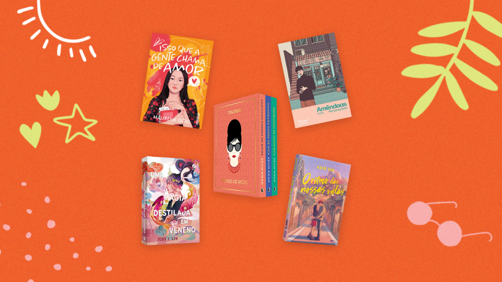 Capas de diferentes livros/box de livros; elementos coloridos estão ao redor das capas como estrelas, folhas, óculos; bolinhas e mais em um fundo laranja