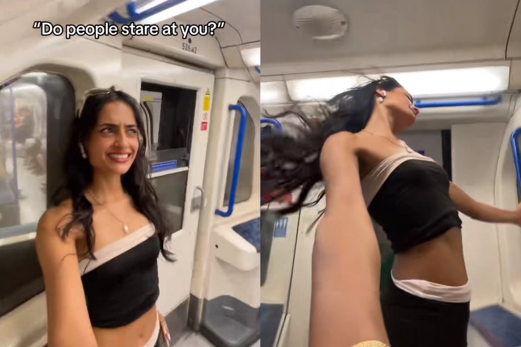 Print de vídeo de uma menina dançando no metrô. Ela tem a pele bronzeada e cabelos escuros e cumpridos