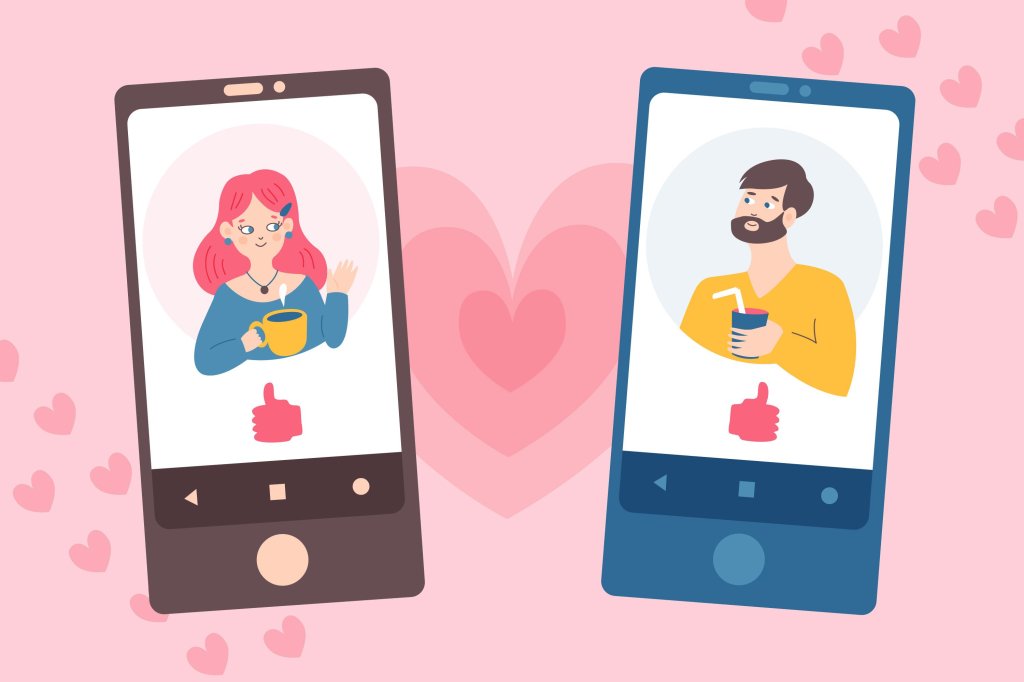 ilustra de dois smartphones, em um aparece uma garota e no outro, um garoto. O fundo é rosa com corações