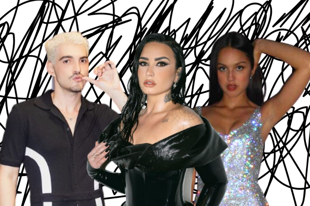 Montagem com Jão, Demi Lovato e Olivia Rodrigo. Fundo branco com rabisco preto.
