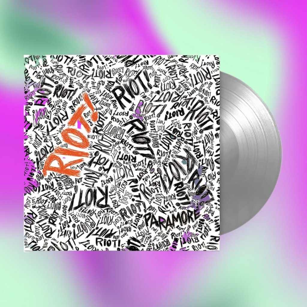 Capa do álbum Riot! de Paramore. Fundo colorido.