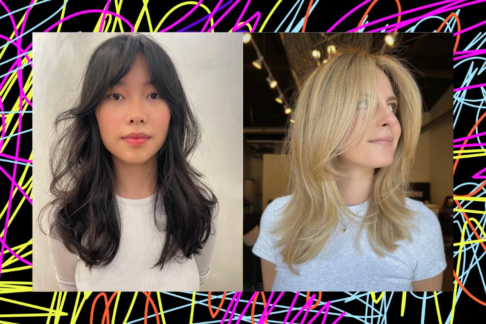 Montagem com fundo preto e rabiscos rosa, amaerelo, laranja e azul. Duas imagens de mulheres na frente, uma asiática de cabelo preto e outra branca de cabelo loiro.