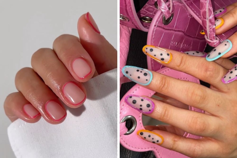 Duas imagens de nail art em unhas. A primeira é básica e a segunda é com bolinhas.