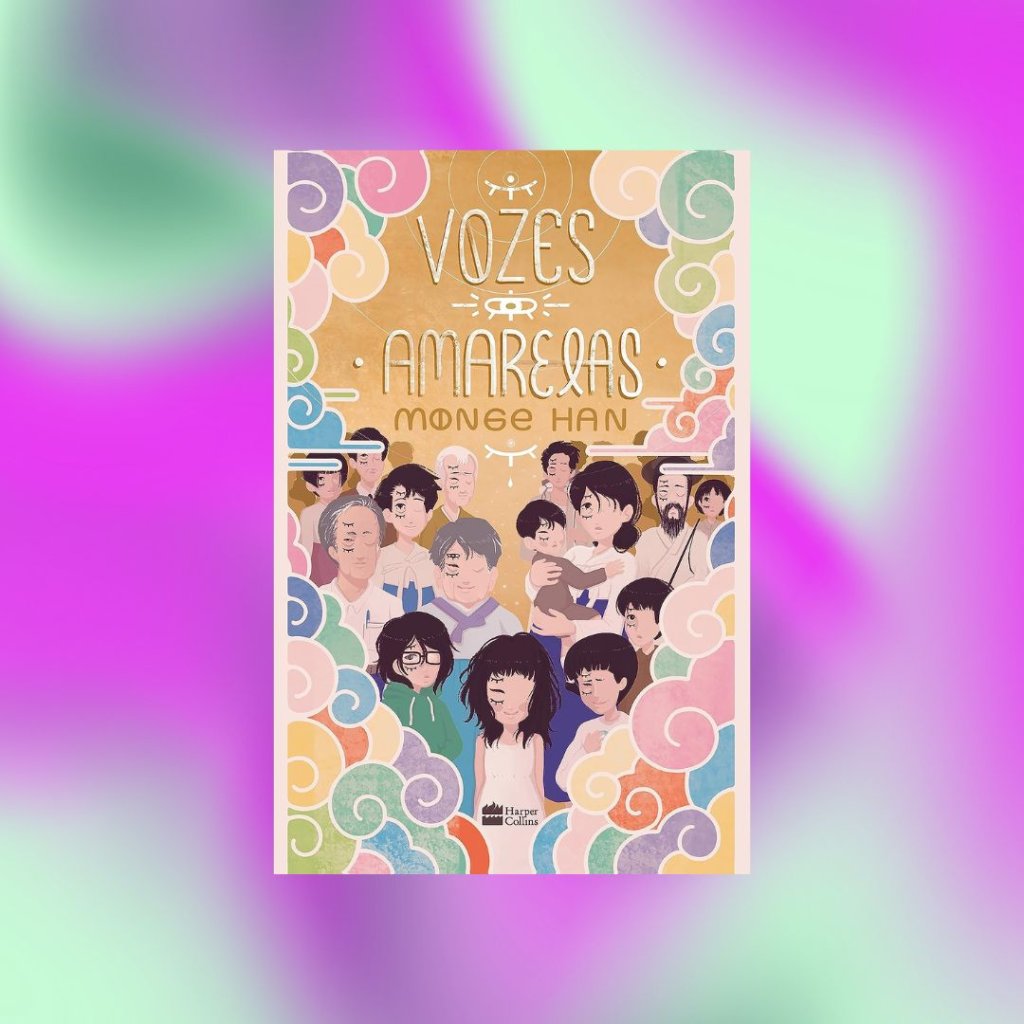 livro1 Capa do livro Vozes Amarelas; o fundo é uma textura das cores lilás, roxo e verde misturadas em um degradê