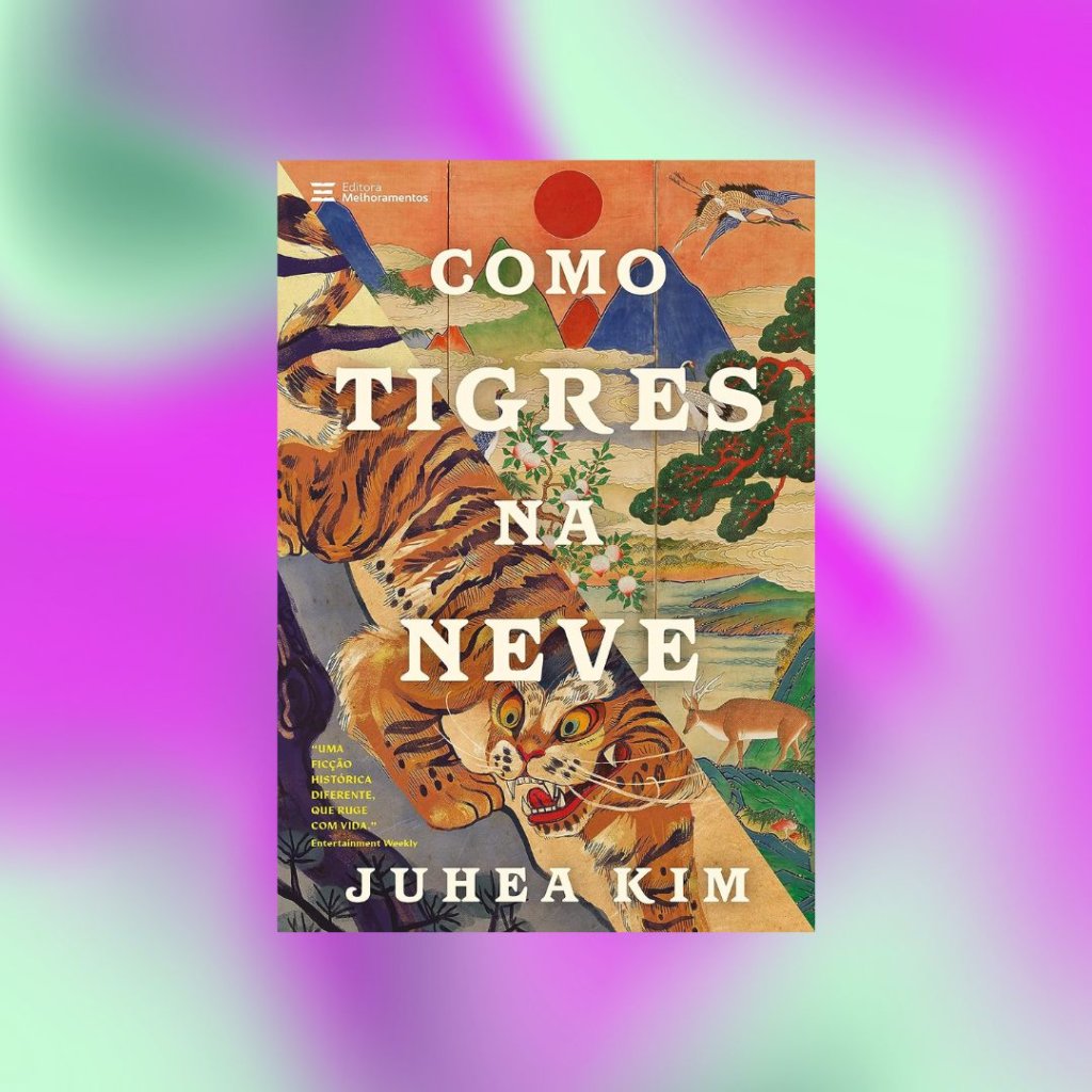 Capa do livro Como Tigres na Neve; o fundo é uma textura das cores lilás, roxo e verde misturadas em degradê
