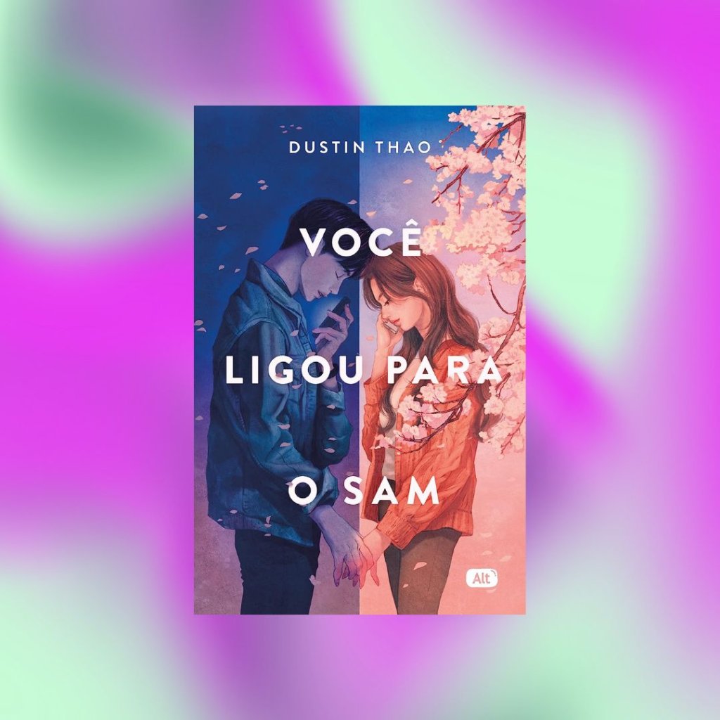 livro4 Capa do livro Você Ligou Para o Sam; o fundo é uma textura das cores lilás, roxo e verde misturadas em um degradê