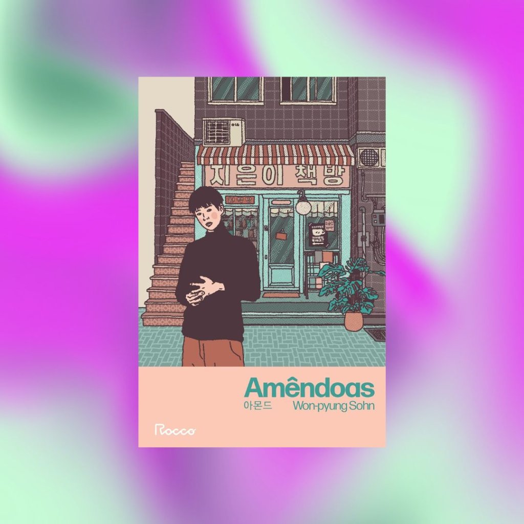 livro8 Capa do livro Amêndoas; o fundo é uma textura das cores lilás, roxo e verde misturadas em um degradê