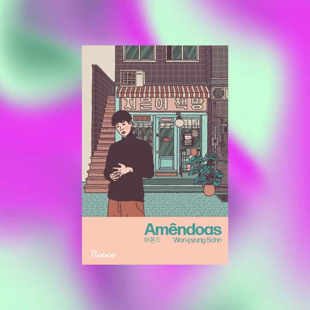 Capa do livro Amêndoas; o fundo é uma textura das cores lilás, roxo e verde misturadas em um degradê