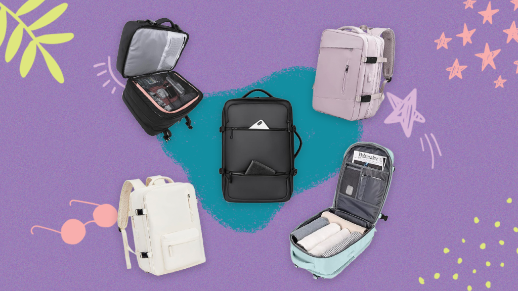 Na foto aparecem cinco mochilas de viagem: duas pretas, uma branca, uma rosa claro e outra azul claro. O fundo da imagem é roxo, com detalhes no azul e no lilás