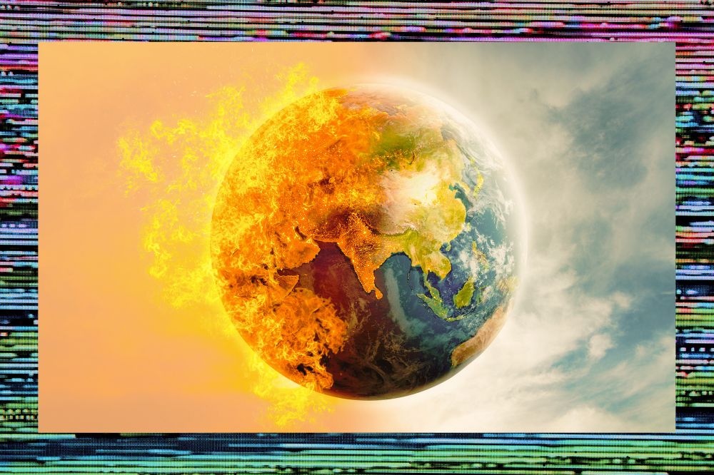 Ilustração digital do planeta terra pegando fogo pela metade